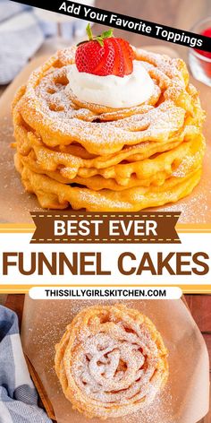 funnel cakes with powdered sugar, whipped cream and fresh strawberries on top Fair Funnel Cake Recipe, Fresh Veggie Recipes, Funnel Cake Recipe, Recipe For Summer, Funnel Cakes, Scrumptious Desserts, Funnel Cake, Fair Food Recipes, Homemade Treats