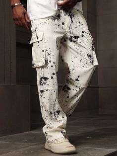 Men's Fashionable Street Butterfly Ink-Splatter Artistic Textured Black And White Color-Block Loose Fit Printed Workwear Long Cargo Pants, Going Out Long Straight Leg Baggy Slacks Pants, For Husband, Boyfriend Gifts White Street   Woven Fabric All Over Print Cargo Pants Non-Stretch  Men Clothing, size features are:Bust: ,Length: ,Sleeve Length: Baggy Slacks, Pants Embellished, Pants Streetwear, Pants Baggy, Slack Pants, Pants Cargo, Men Pants, Baggy Pants, Baggy Pant