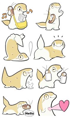 some cartoon animals with different expressions on their faces and body, one is holding a cup