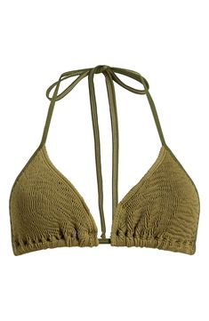 This stretchy bikini top with fully adjustable ties ensures a perfect fit every time. Ties at neck and back Adjustable tie straps 80% recycled nylon, 20% elastane Hand wash, dry flat Imported Strappy Nylon Swimwear With Tie Back, Nylon Strappy Swimwear With Tie Back, Adjustable Straps Halter Top, Tie Straps Swimwear For Beach, Beach Halter Top With Tie Straps, Solid Color Swimwear With Tie Straps For Beach, Seamless Nylon Halter Top, Beach Triangle Top Swimwear With Tie Straps, Summer Triangle Top Swimwear With Tie Straps