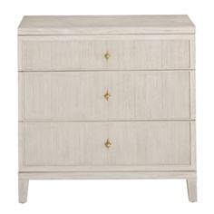 a white dresser with two drawers and gold knobs on the front, against a white background