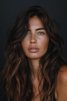 Close-up of a woman with tousled brunette hair, hazel eyes, and freckles, giving a subtle, serious expression against a dark background. Hair Color Auburn Brown, Brown Hair Color With Blonde Highlights, Red Hair Brown Eyes, Sunkissed Hair Brunette, Portfolio Photoshoot, Highlight Ideas, Hair Colorful