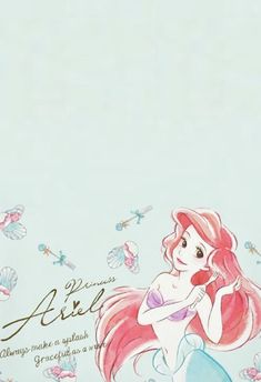 the little mermaid is standing in front of a blue background with pink flowers and butterflies