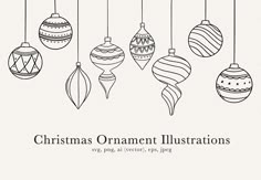 christmas ornament illustrations with ornaments hanging from strings