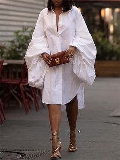 Statement Puff Sleeves Loose Pleated Split-Side Solid Color Lapel Collar Midi Dresses WHITE-L Elegant Shirt Dress, Dress Sleeve Length, Collared Shirt Dress, Mini Dresses For Women, Turndown Collar, Moda Vintage, Dress Shirts For Women, White Shirt Dress, Looks Chic