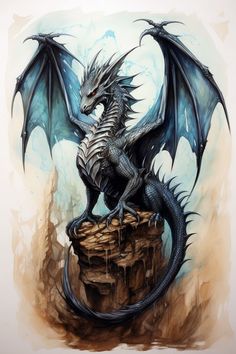 a drawing of a dragon sitting on top of a rock