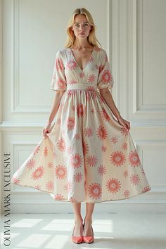 Olivia Mark - Elegant Floral Midi Dress with V-neckline and Puffed Sleeves Pink Blossom, Flowing Skirt, Puffed Sleeves, Elegant Floral, An Article, White Canvas, Floral Midi Dress, Cinched Waist, Olivia Mark