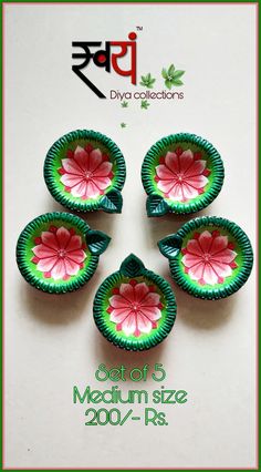 five green and pink flower shaped paper plates