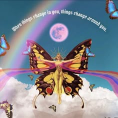 the butterfly is flying through the sky with many butterflies around it and a rainbow in the background