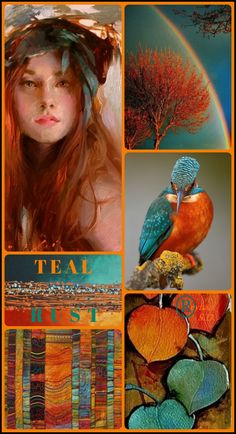 a collage of pictures with birds, trees, and leaves in oranges and blues