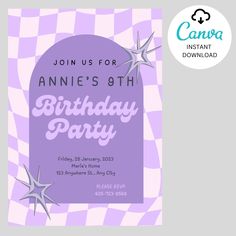 a purple birthday party card with silver stars on it and the words, join us for an