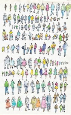 this is an image of people walking in different colors and sizes, all drawn with colored pencils