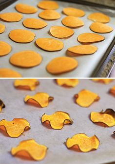 the process of making sweet potato chips is shown here and then after they have been cooked