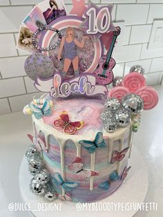 Taylor Swift birthday cake (Instagram links in pic) Taylor Swift Birthday Cake, Anime Happy Birthday, Summer Birthday Cake, Birthday Cale, Lily Cake, Cake Instagram, 8th Birthday Cake