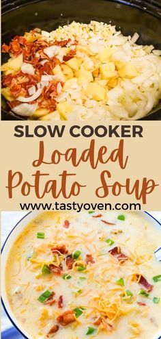 slow cooker loaded potato soup in a crock pot