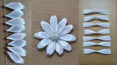 three different types of white hair clips and one with a flower on the top, two are made out of satin ribbon