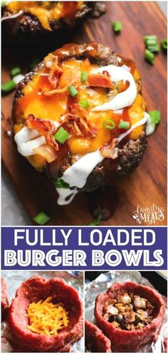 an image of loaded burger bowls with bacon and cheese on top, in the middle