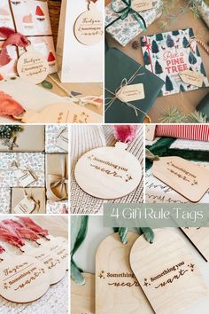 wooden heart shaped gift tags are shown with ribbon and ribbons on them, along with other items