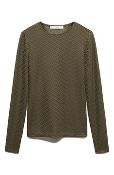 Diamond-design knitting textures this stretchy long sleeve T-shirt with a lacy look. Crewneck Long sleeves 81% polyester, 15% viscose, 4% elastane Machine wash, line dry Imported Stretch Textured Knit Tops For Layering, Trendy Textured Knit Long Sleeve Tops, Fall Crew Neck Pointelle Knit Blouse, Fall Pointelle Knit Crew Neck Blouse, Stretch Textured Knit Tops For Fall, Long Sleeve Stretch Mesh Top For Fall, Stretch Long Sleeve Mesh Top For Fall, Stretch Mesh Top Long Sleeve For Fall, Stretch Mesh Top With Long Sleeves For Fall