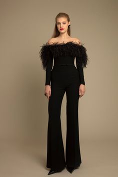 off shoulder feathered top with pants - HerTrove Top With Pants, Feather Top, Feather Tops, Elegant Dresses Classy, Dress Fitted, Off Shoulder Tops, Lebanon, Black Top, Black Long Sleeve