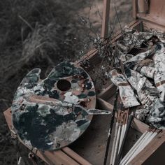 an old paintbrush and palette sitting on top of a wooden box in the woods