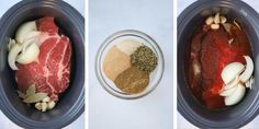 two pictures showing the process of making meat in a slow cooker