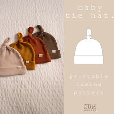 three knitted hats are shown with the text baby tie hat