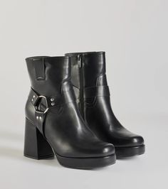 A pair of moto faux leather booties featuring a sleek square toe, a platform sole to elevate the style, a block heel, and a trendy side hoop strap design. Perfect for styling with a jacket.Fit & Features3.5" Block heel, 5” leg opening, 2.5” shaft heightFaux leather materialSquare toeInner side zipper closureSide hoop strap designPlatform soleRuns true to size Faux Leather Ankle Moto Boots With Chunky Platform, Faux Leather Moto Boots With Chunky Platform, Edgy Chunky Platform Boots With Square Toe, Winter Moto Boots With Chunky Platform And Block Heel, Trendy Spring Moto Boots With Chunky Platform, Edgy Chunky Platform Heeled Boots With Block Heel, Trendy Platform Moto Boots With Block Heel, Trendy Moto Boots With Platform And Block Heel, Trendy Platform Moto Boots In Faux Leather