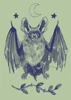 a drawing of a bat sitting on top of a branch with stars and moon in the background