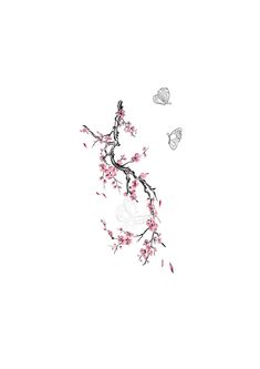 a branch with pink flowers and butterflies flying around