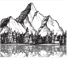 an ink drawing of mountains and trees reflected in the water