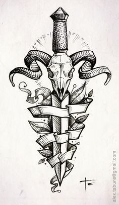 an ink drawing of a long horn with horns and ribbon around it's neck