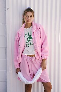 Pink Fleece Athleisure Outerwear, Hit The Slopes Fleece Jacket, Free People Fleece, Sporty Pink Fleece Activewear, Sporty Pink Hooded Fleece Jacket, Free People Hit The Slopes Fleece Jacket, Cheer Athletic, Long Sleeve Layer, Pink Fleece-lined Outerwear For Outdoor