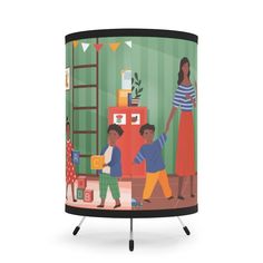 a lamp shade with an image of two children playing in the living room on it