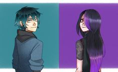 two anime characters one with long hair and the other with purple hair, standing side by side