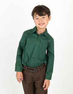 70% Cotton 30% Poplin Variety of colors Machine wash cold & inside out A classic, essential and versatile piece for his wardrobe. Our button down shirts are made of super soft cotton blend and come in a variety of colors to suit any occasion for a polished & timeless look. These shirts coordinate great with our kids chino pants. Green Cotton Collared Dress Shirt, Green Button-up Formal Shirt, Green Casual Button-up Dress Shirt, Casual Green Cotton Dress Shirt, Casual Green Button-up Dress Shirt, Green Long Sleeve Cotton Dress Shirt, Solid Cotton Collared Dress Shirt, Solid Color Cotton Collared Dress Shirt, Long Sleeve Shirt With Button Closure For School