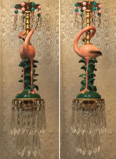 two pictures of a pink flamingo on top of a chandelier