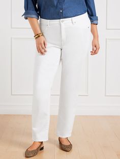 These straight-leg white jeans will live at the front of your closet. Soft stretch denim retains the fit, and they're trend-right with flats or heels every day of the week. Curvy Fit is specially designed for the woman whose waist is proportionately smaller than her hips. For a classic fit, try our High-Waist Straight-Leg Jeans - White Features Straight Leg Hits: High Waist Full Length Closure: Front-Button Pockets: Five-Pocket Invisible Slimming Panel Imported Fit: Inseam: Misses: 31"; Misses L Classic Style Women, Stretch Denim, Straight Leg Jeans, White Jeans, Full Length, Fitness Fashion, Straight Leg, High Waisted, White