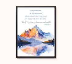 a watercolor painting with the bible verse on it, and mountains in the background