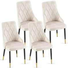 set of four beige velvet dining chairs with gold metal legs and diamond stitched upholstered backrests