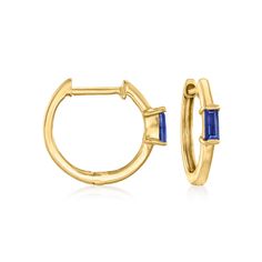 Ross-Simons - .10ct t. w. Sapphire Huggie Hoop Earrings in 14kt Yellow Gold. 3/8". RS Pure. Modern designs that complete your outfit and complement your personality. You'll wear these dainty 14kt yellow gold huggie hoop earrings every day! The simple pair feature .10 ct. t. w. baguette sapphires. Hanging length is 3/8". Hinged post, sapphire huggie hoop earrings. Sapphire birthstones are the perfect gift for September birthdays. Classic Yellow Gold Hoop Earrings With Gemstone, Gold Huggie Hoop Earrings, Earrings Sapphire, Sapphire Birthstone, Yellow Gold Jewelry, Sapphire Earrings, Huggie Hoop Earrings, Huggies Earrings, Free Jewelry