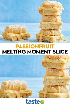 some food is stacked on top of each other with the words passionfruit melting moment slice