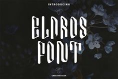 elaros font with blue flowers on the bottom and white letters in black background