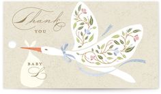 a thank card with a stork carrying a baby in it's belly