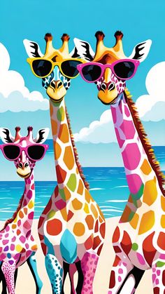 three giraffes wearing sunglasses on the beach