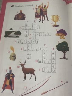 an open book with pictures of people and animals on it's pages, including the crossword