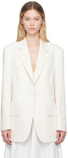 Polyester- and wool-blend gabardine blazer. · Notched lapel · Single-button closure · Flap pockets · Padded shoulders · Vent at cuffs and back · Full gabardine lining Supplier color: Off white Tailored Blazer, Womens Blazers, Blazers For Women, Flap Pocket, Apparel Accessories, Coats For Women, Wool Blend, Top Brands, Off White