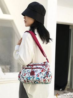 Bird in Bag - Womens Portable Casual Nylon Shoulder Bag with Multicolor Flower Print and Zip Closure, Practical and Multi-Functional Pur Casual Multicolor Floral Print Shoulder Bag, Trendy Outdoor Bags For Spring, Trendy Bags For Outdoor Spring Events, Multicolor Nylon Shoulder Bag With Zipper Closure, Casual Multicolor Nylon Shoulder Bag, Multicolor Nylon Bags For Spring, Trendy Multicolor Nylon Shoulder Bag, Casual Red Bag With Floral Print, Casual Red Bags With Floral Print