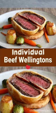 beef wellingtons with carrots and brussel sprouts on a plate