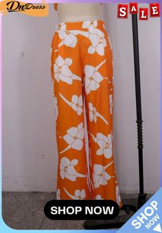 Fall Fashion Orange Flower Print Tube Top and Long Rope and Lose Pant 3pc Set Spring Vacation Wide Leg Sets, Casual Wide Leg Sets With Floral Print, Casual Floral Print Wide Leg Set, High Waist Beach Sets For Spring, Summer Printed Wide Leg Sets, Casual Floral Print Sets With Long Pants, Printed Summer Sets With Long Pants, Trendy Wide Leg Spring Sets, Trendy Wide Leg Sets For Spring